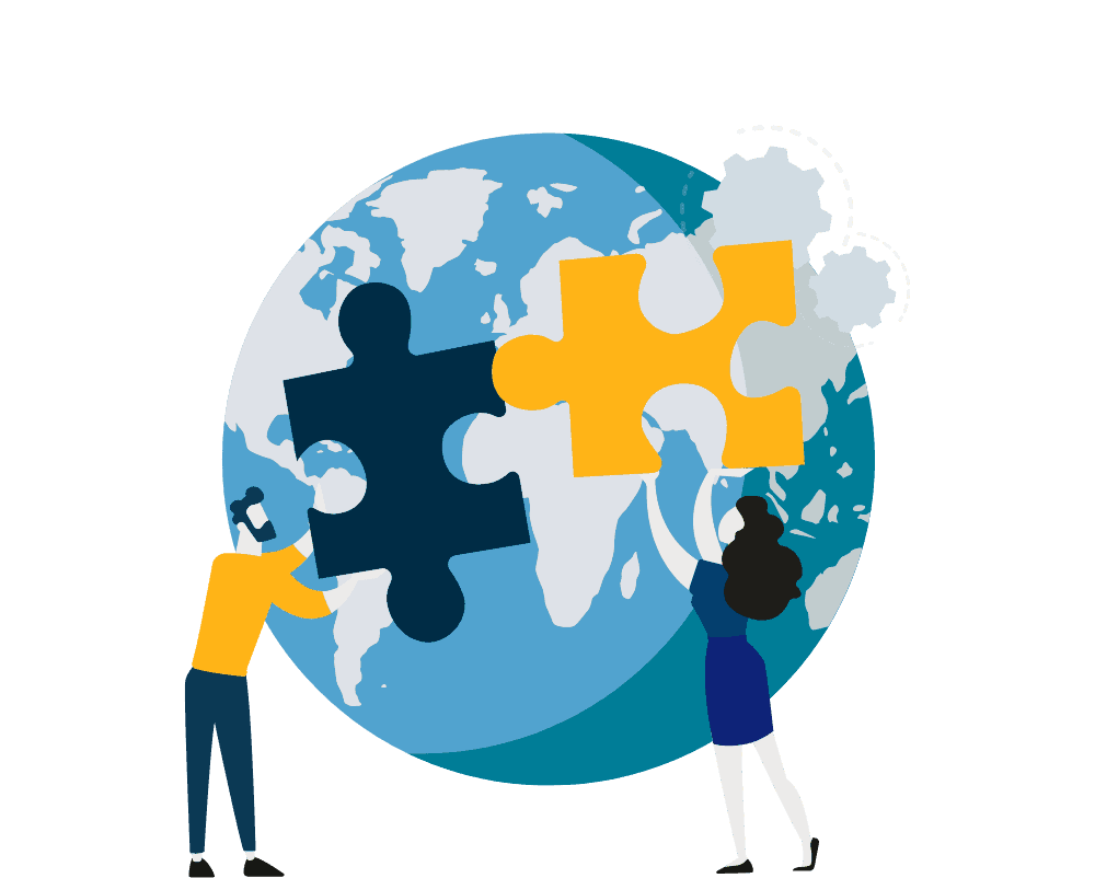 Man and woman holding puzzle pieces on a planet Earth background 