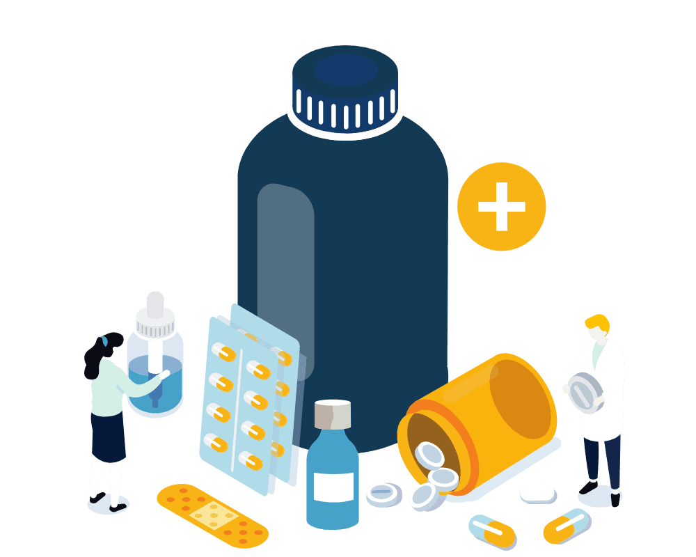Team of two pharmacists, male and female, handling drugs 